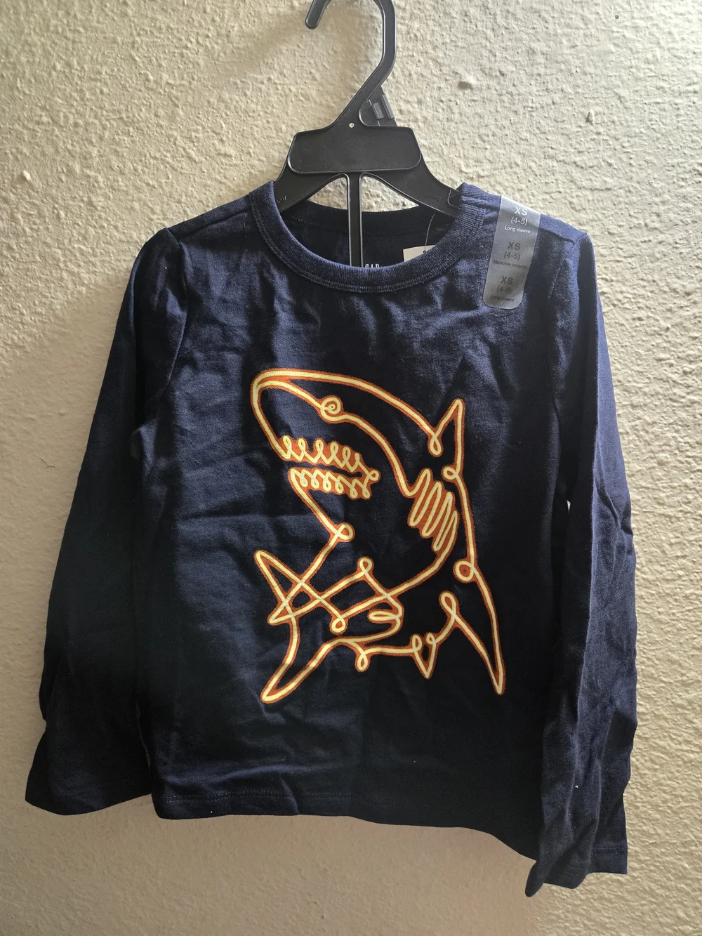 GAP Navy Long-Sleeve Tee with Neon Orange Shark Graphic